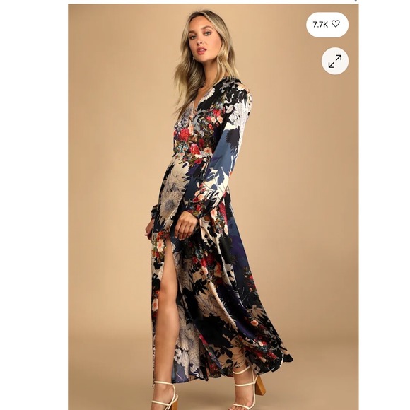 Lulus Dresses & Skirts - Lulus Put on a Smile Blue Floral Print Satin Wrap Maxi Dress Medium